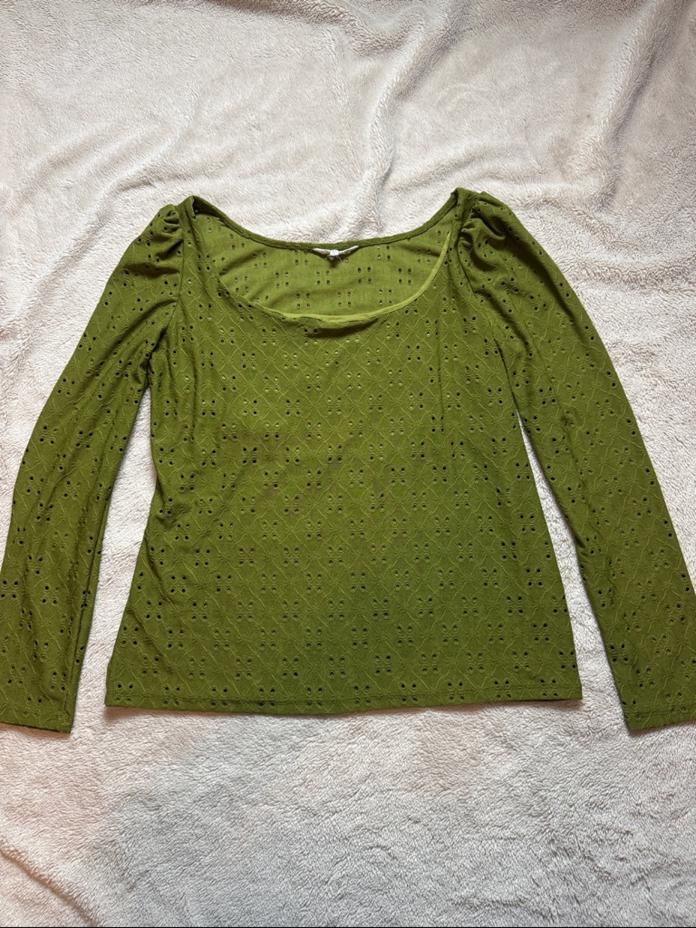 Eyelet Scoop Neck Long-Sleeve Top in Olive